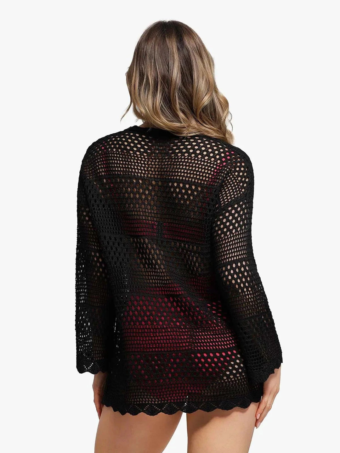 Popilush® Beach Seaside Swim Tunic Crochet Long Sleeve Coverup Top