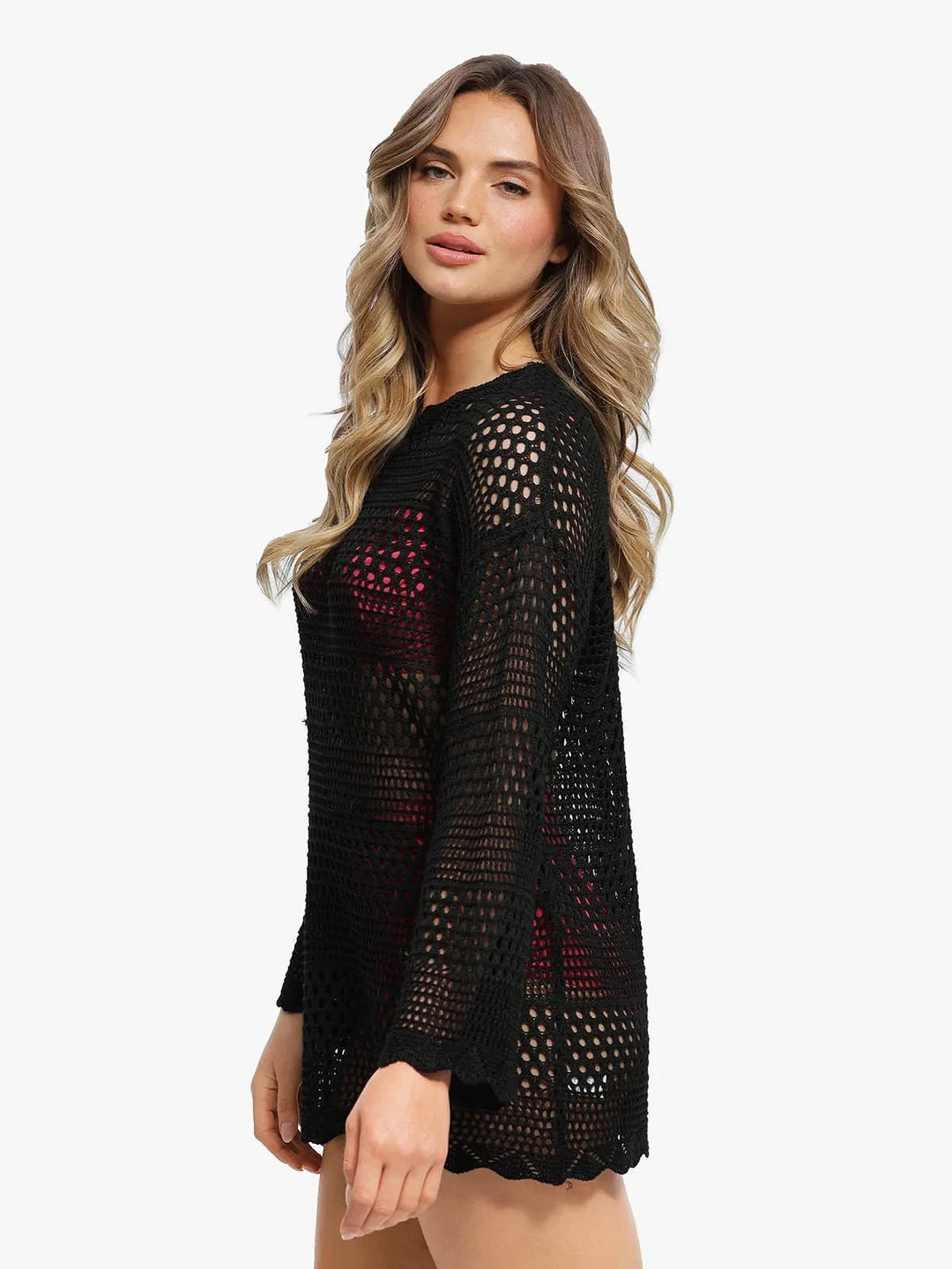 Popilush® Beach Seaside Swim Tunic Crochet Long Sleeve Coverup Top