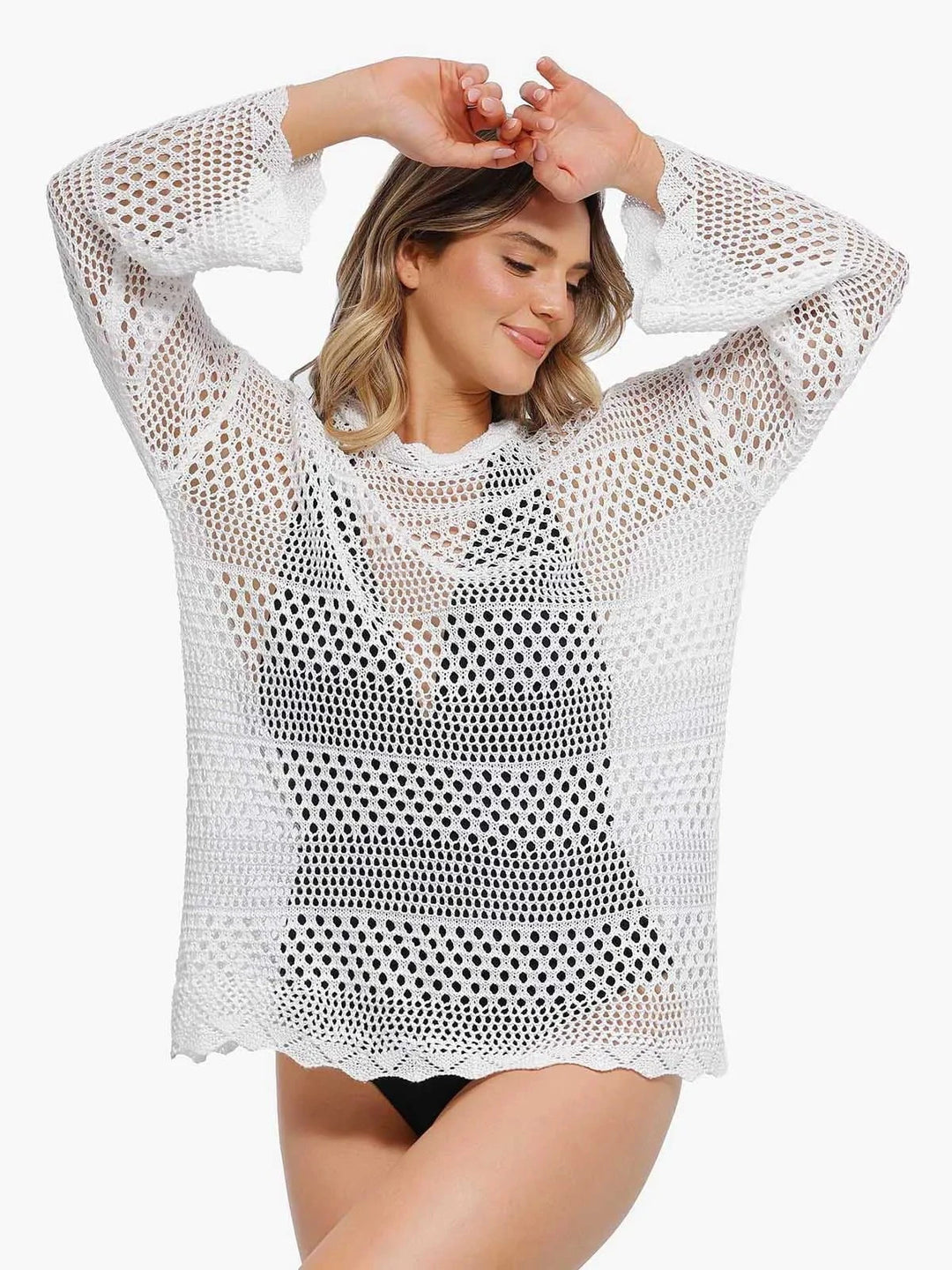 Popilush® Beach Seaside Swim Tunic Crochet Long Sleeve Coverup Top
