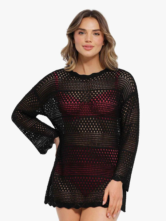 Popilush® Beach Seaside Swim Tunic Black / One Size Crochet Long Sleeve Coverup Top