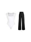 Day To Night Set: White square neck bodysuit with built-in shapewear and black wide-leg pants.