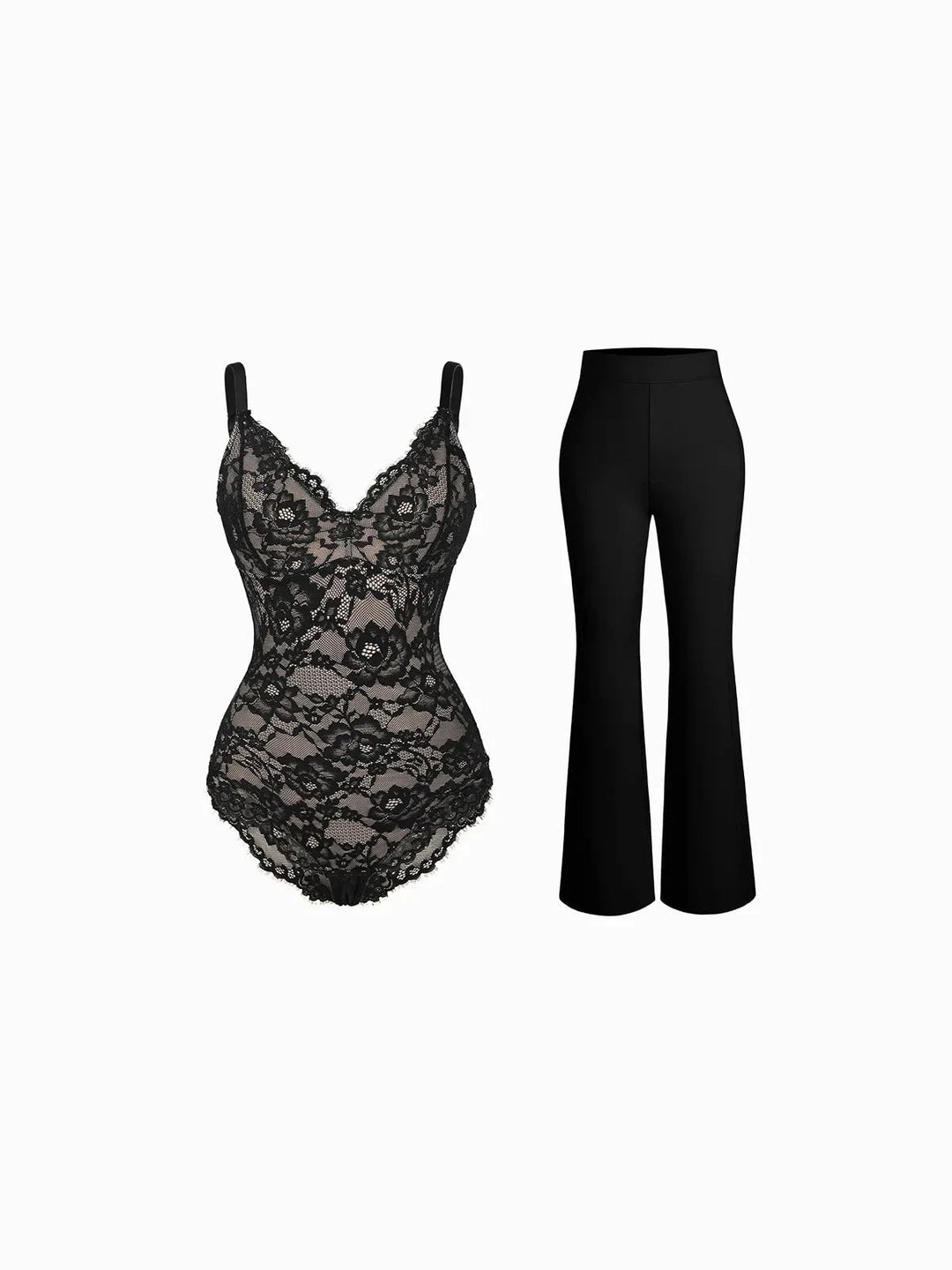 Popilush® Evening Flare-Leg Looks / Black / S Day To Night Set Solid Sculpting Bodysuit Built-in Shapewear Pants