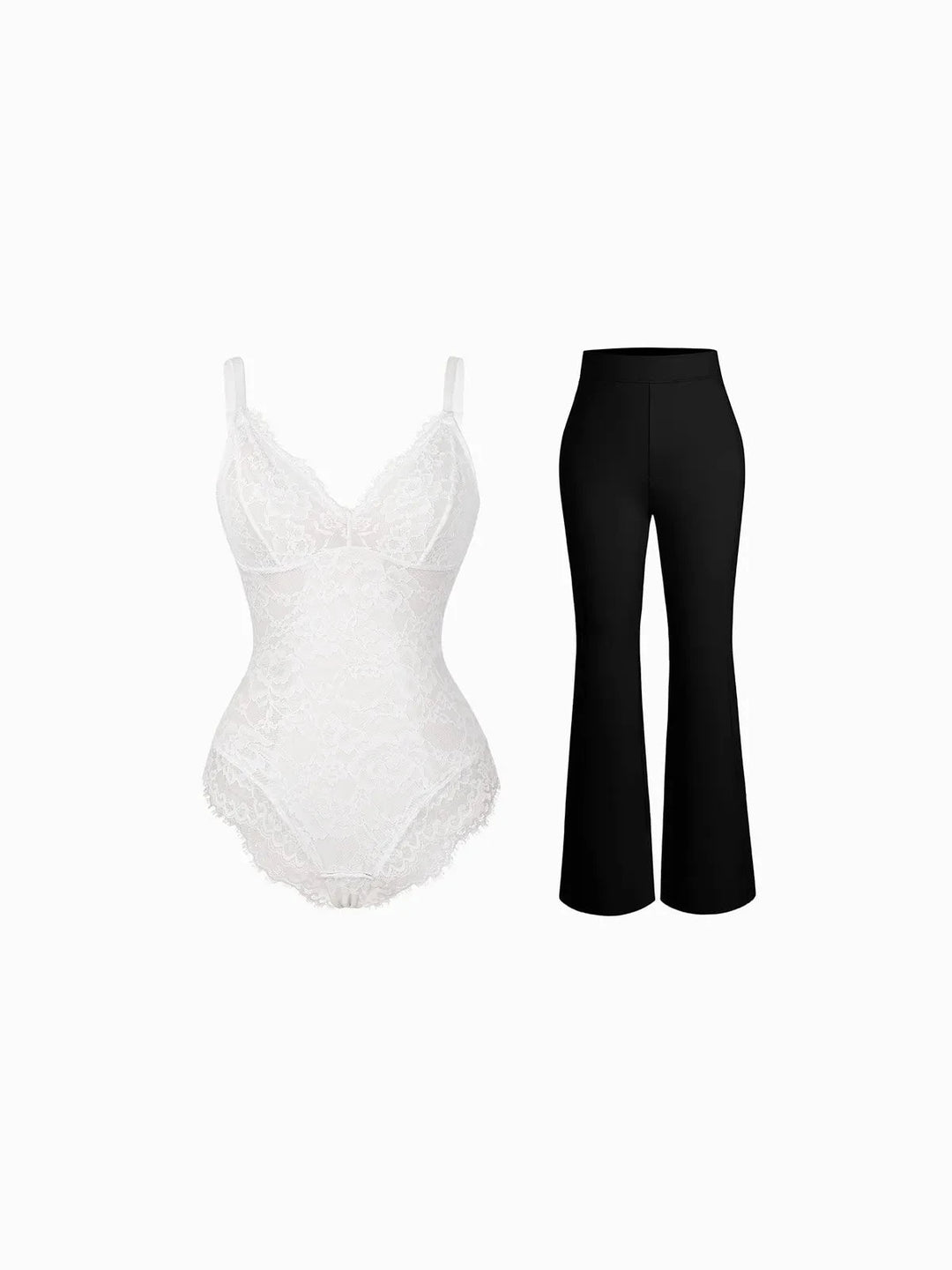 Popilush® Evening Flare-Leg Looks / White/Black / S Day To Night Set Solid Sculpting Bodysuit Built-in Shapewear Pants