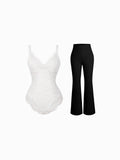 Popilush® Evening Flare-Leg Looks / White/Black / S Day To Night Set Solid Sculpting Bodysuit Built-in Shapewear Pants