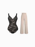 Popilush® Evening Wide-Leg Looks / Black/Light Brown / S Day To Night Set Solid Sculpting Bodysuit Built-in Shapewear Pants