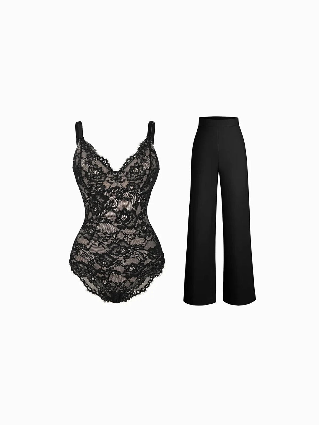 Popilush® Evening Wide-Leg Looks / Black / S Day To Night Set Solid Sculpting Bodysuit Built-in Shapewear Pants