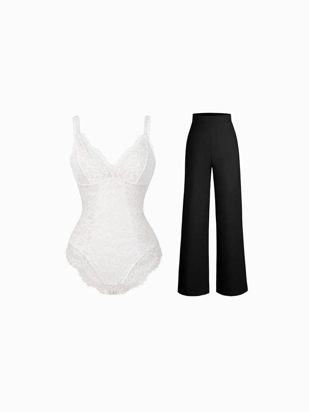 Popilush® Evening Wide-Leg Looks / White/Black / S Day To Night Set Solid Sculpting Bodysuit Built-in Shapewear Pants