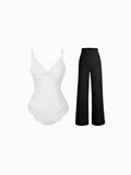Popilush® Evening Wide-Leg Looks / White/Black / S Day To Night Set Solid Sculpting Bodysuit Built-in Shapewear Pants