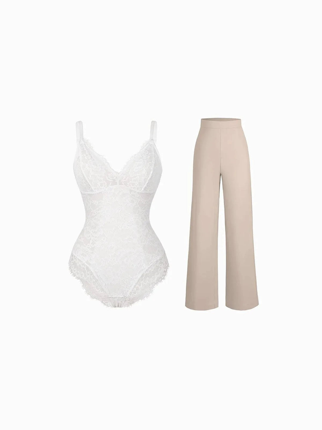 Popilush® Evening Wide-Leg Looks / White/Light Brown / S Day To Night Set Solid Sculpting Bodysuit Built-in Shapewear Pants