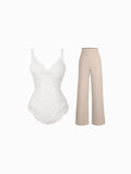 Popilush® Evening Wide-Leg Looks / White/Light Brown / S Day To Night Set Solid Sculpting Bodysuit Built-in Shapewear Pants