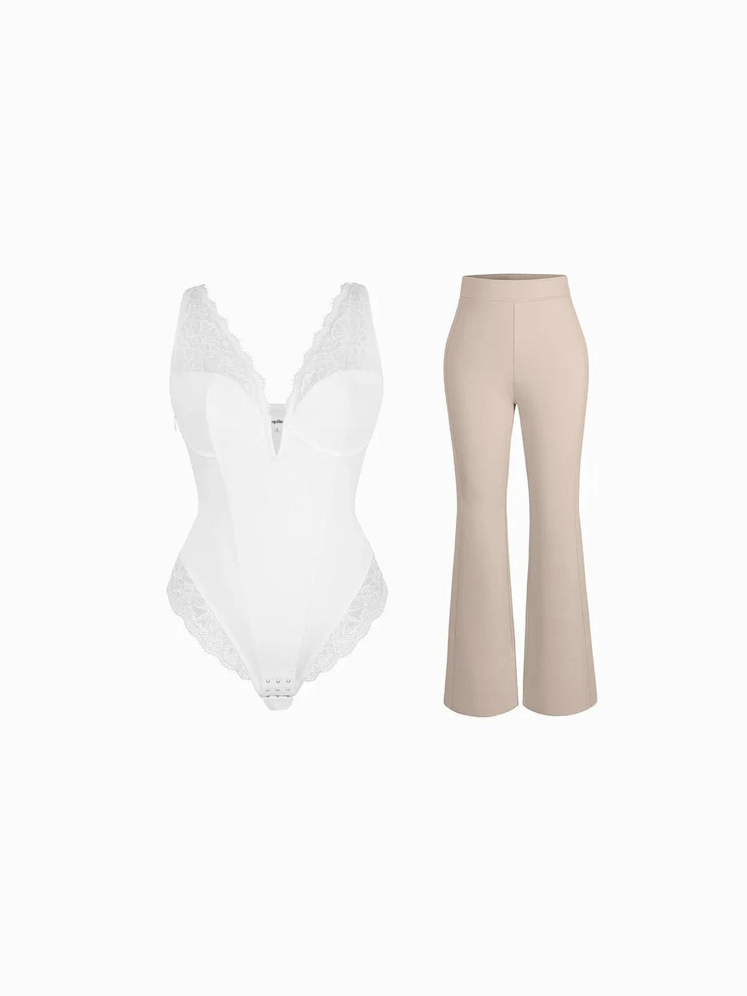 Popilush® Evening Looks / White/Light Brown / XS Day To Night Set Tummy Control Bodysuit Built-in Shapewear Pants
