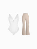 Popilush® Evening Looks / White/Light Brown / XS Day To Night Set Tummy Control Bodysuit Built-in Shapewear Pants