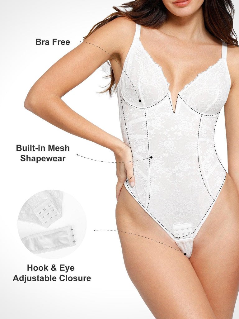 Popilush® Sexy Tops Body Shaper Tank Deep V-Neck Lace Low-Back Thong Bodysuit