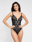 Popilush® Deep V-Neck Lace Bodysuit in black, showcasing the elegant design.