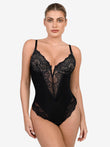 Popilush® deep V-neck lace thong bodysuit, with shaping and adjustable straps.