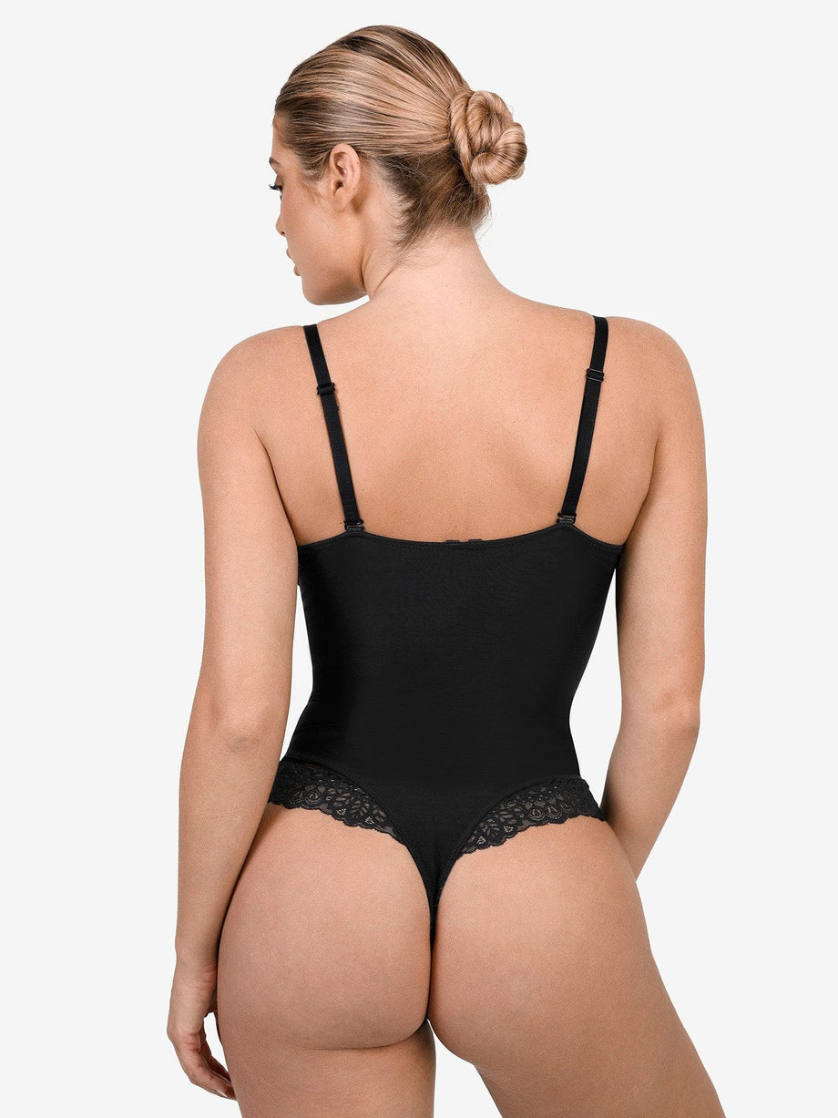 $26.9 Flash Sale / Deep-V Neck Lace Thong Bodysuit