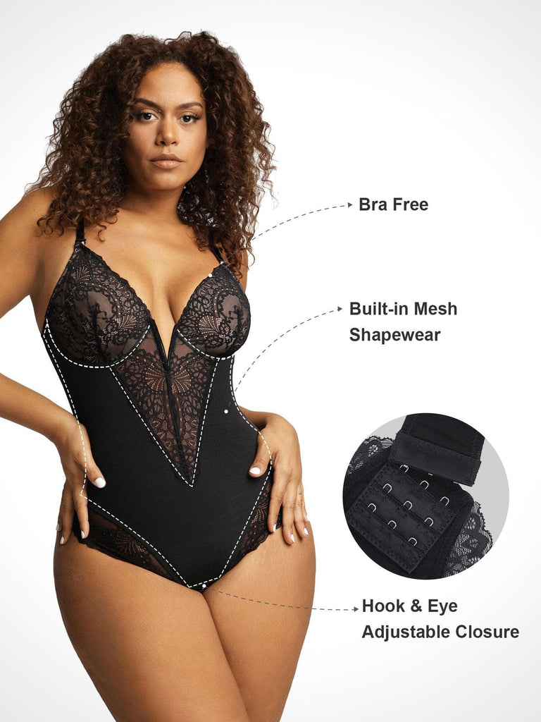 Aligament Shapers For Women Leather Shapewear Lace Up Back Contrast Lace  Corset With Thong Body Shaper Bodysuit Size M