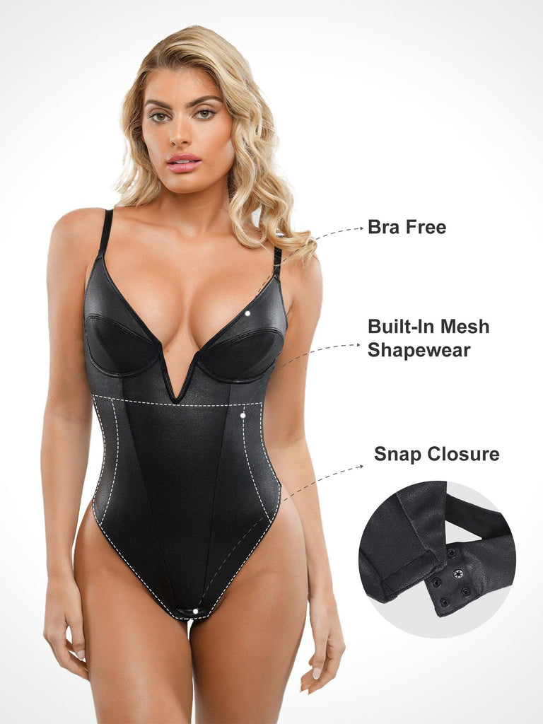Deep VNeck Leather Shapewear Thong Bodysuit Popilush