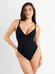 Black ribbed modal deep V-neck sculpting shapewear thong bodysuit with adjustable straps.
