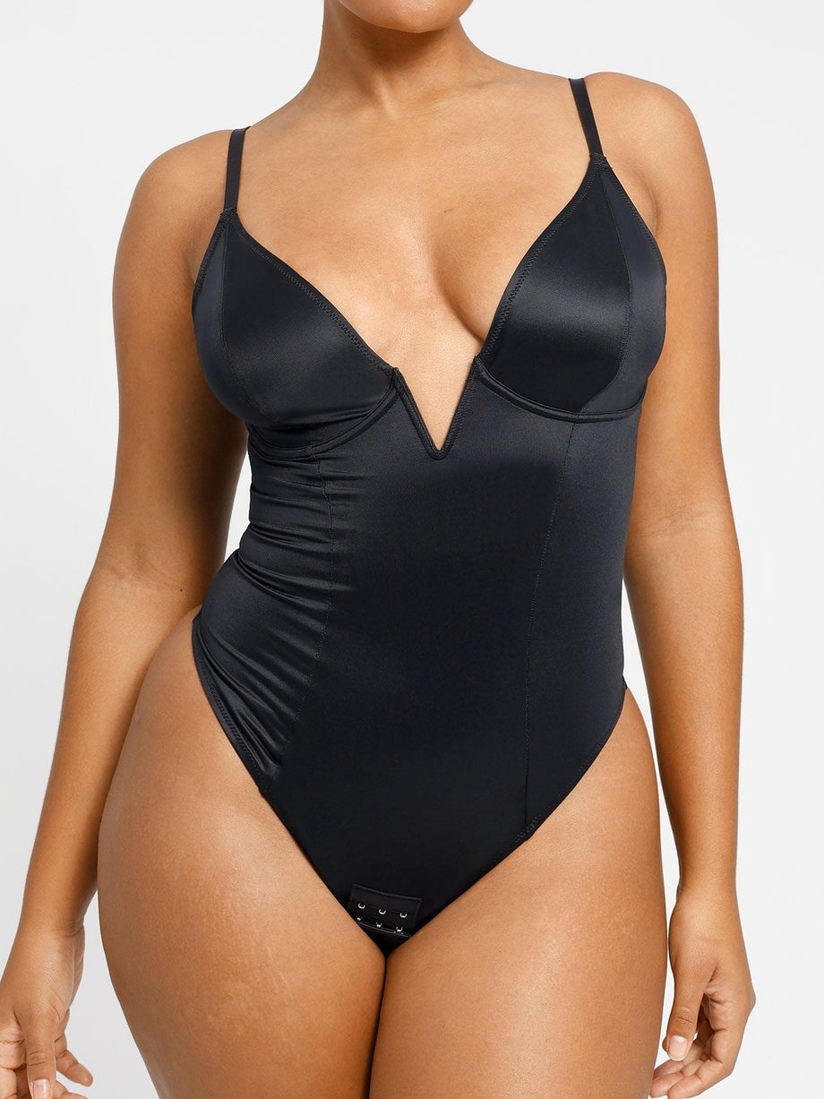 Bodysuit for Women Deep V Neck Long Sleeve Bodysuit, Sexy Thong Body Shaper  T Shirts Tops (Color : Black, Size : Medium)