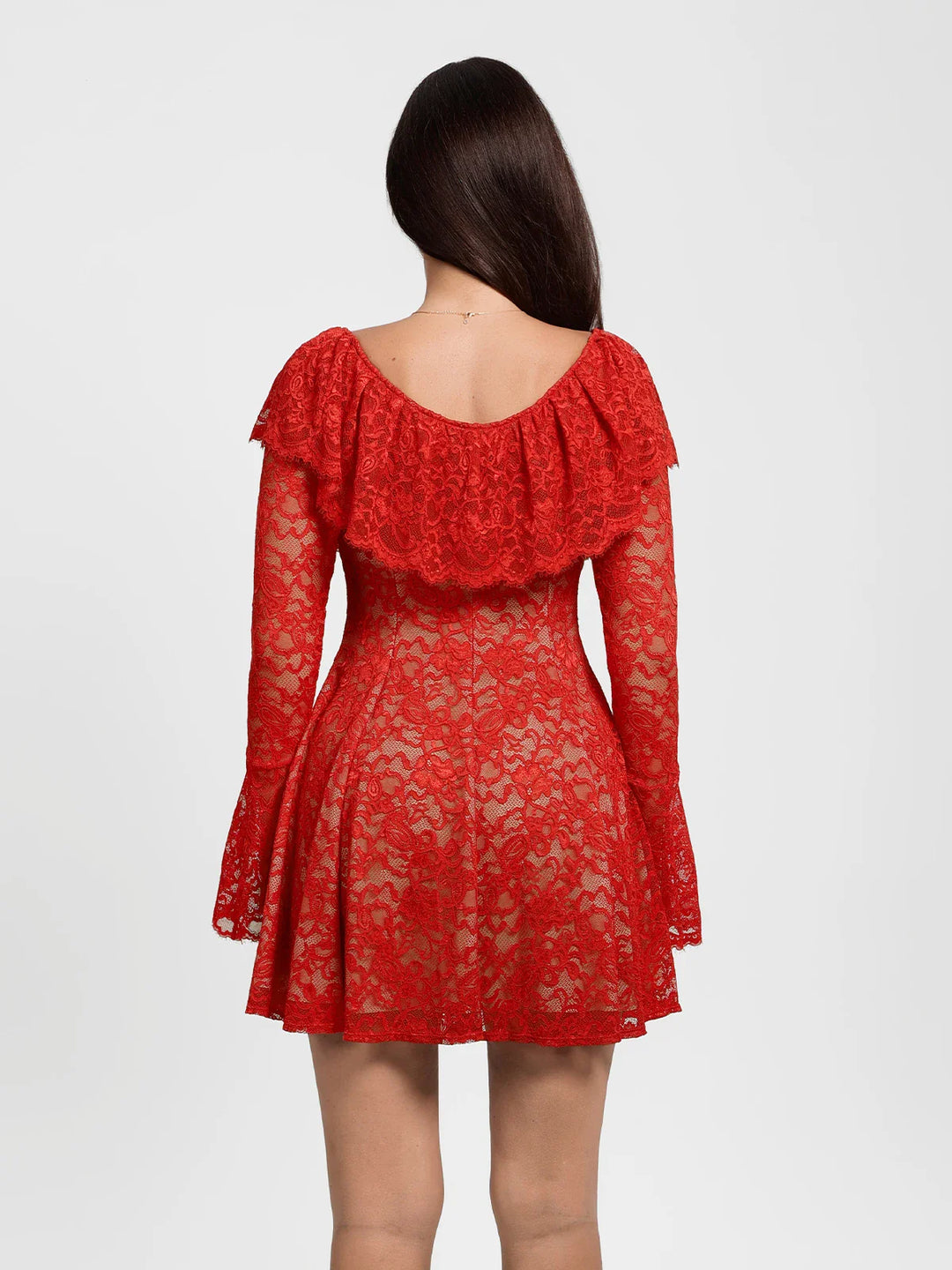 Popilush® Deep V Ruffle Lace Long Sleeve Shaping Dress