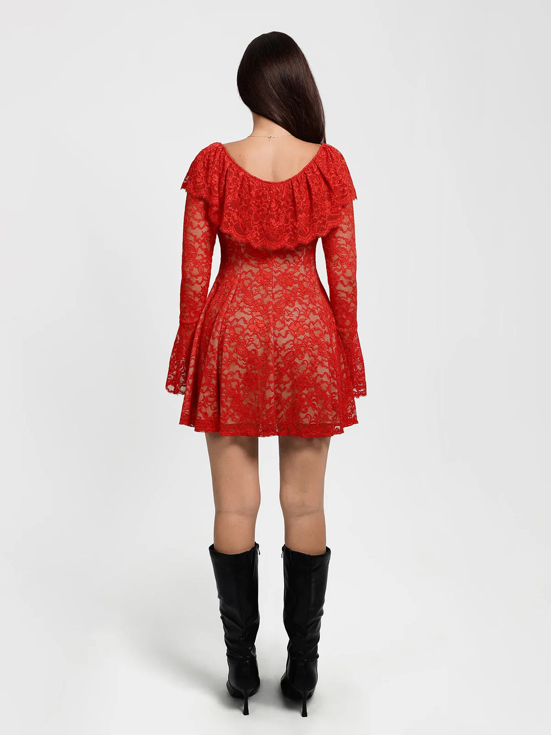 Popilush® Deep V Ruffle Lace Long Sleeve Shaping Dress