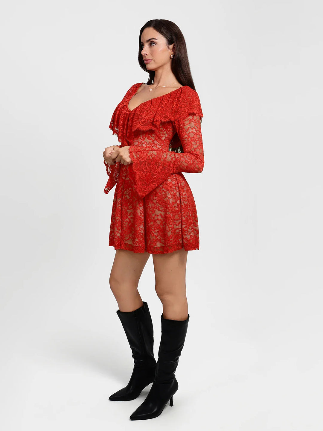 Popilush® Deep V Ruffle Lace Long Sleeve Shaping Dress