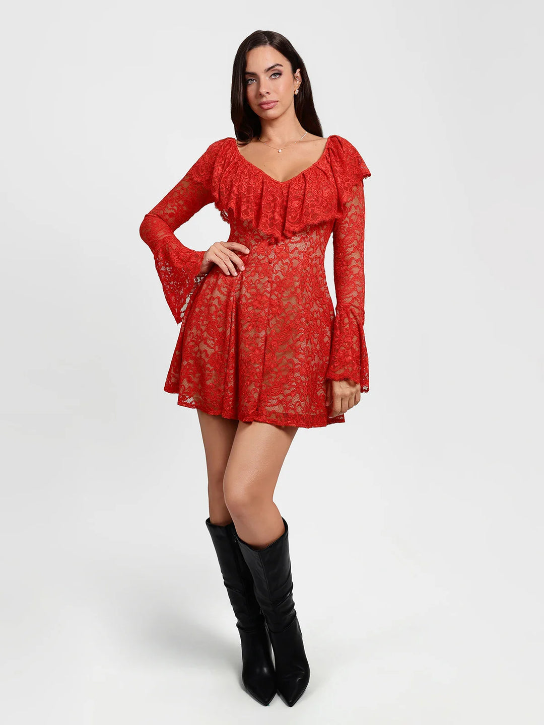 Popilush® Deep V Ruffle Lace Long Sleeve Shaping Dress