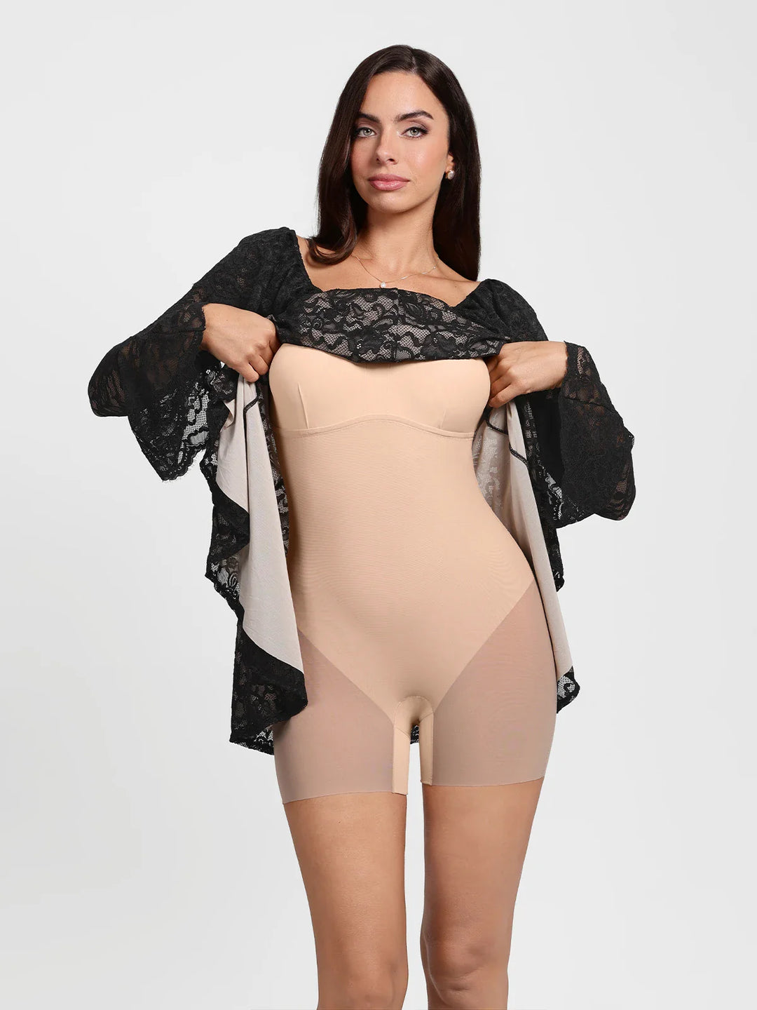 Popilush® Deep V Ruffle Lace Long Sleeve Shaping Dress