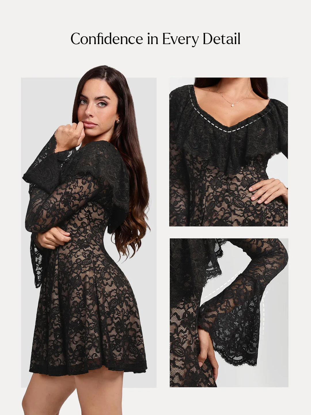 Popilush® Deep V Ruffle Lace Long Sleeve Shaping Dress