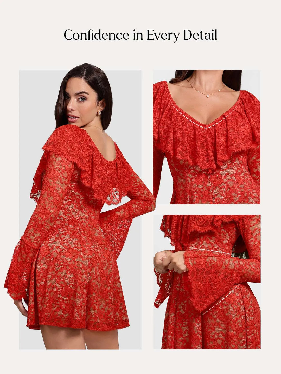 Popilush® Deep V Ruffle Lace Long Sleeve Shaping Dress