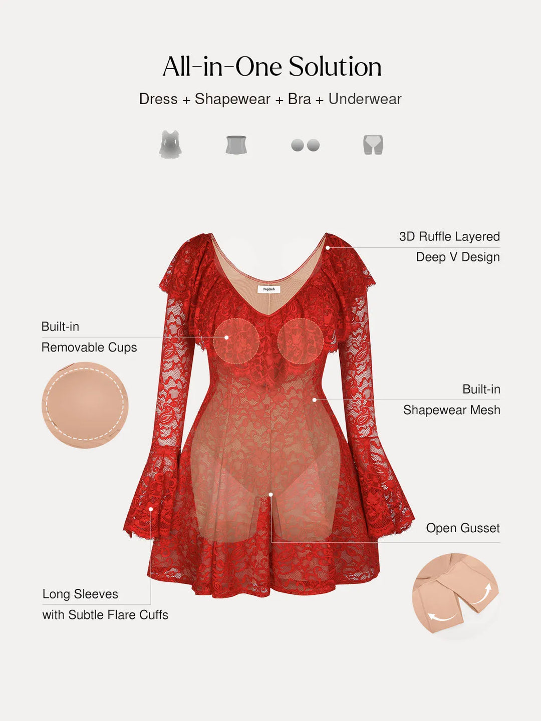 Popilush® Deep V Ruffle Lace Long Sleeve Shaping Dress