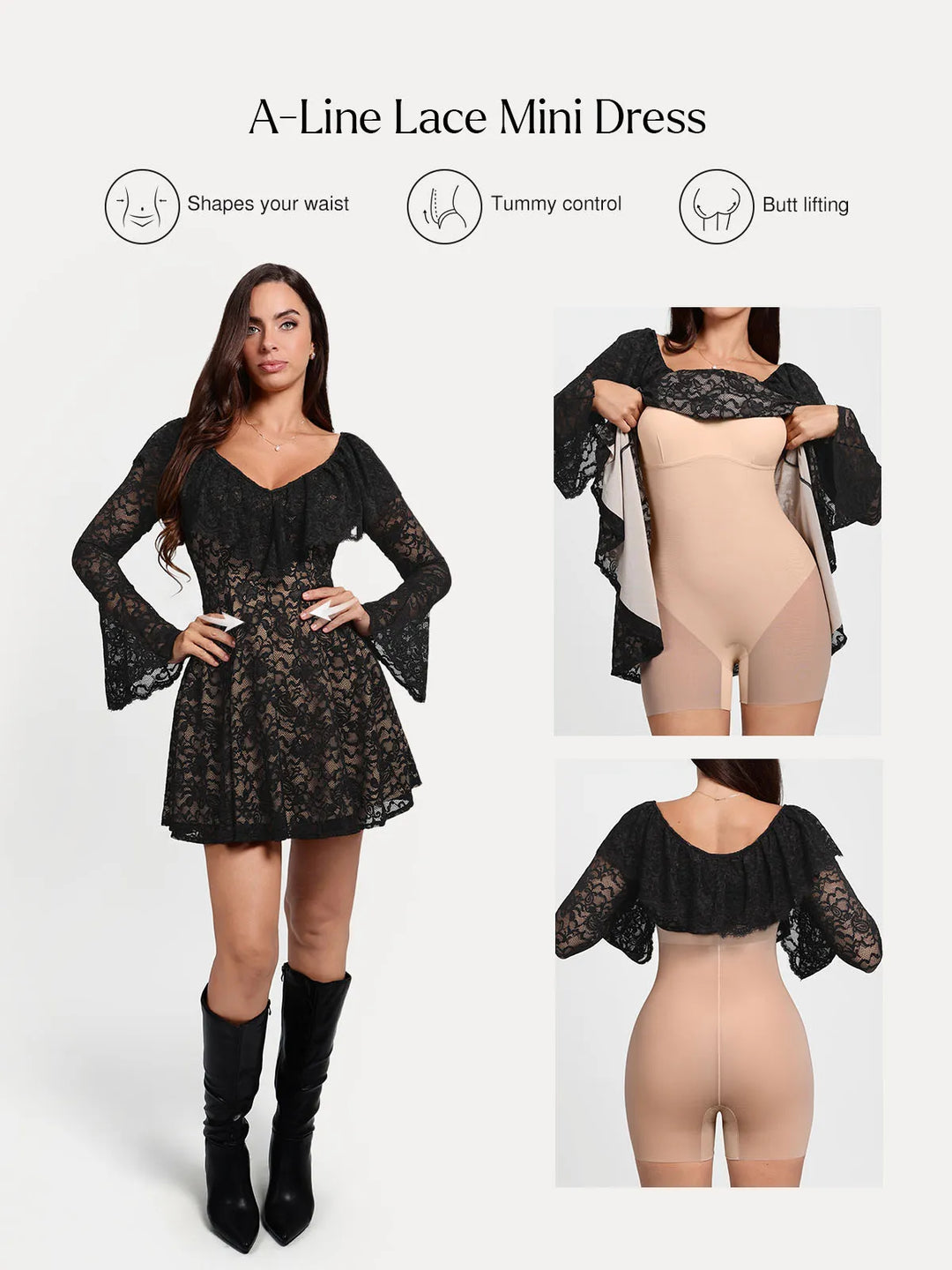 Popilush® Deep V Ruffle Lace Long Sleeve Shaping Dress