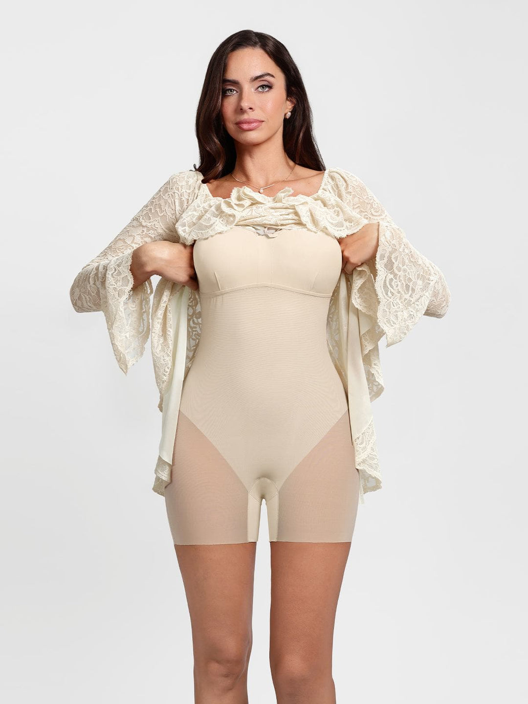 Popilush® Deep V Ruffle Lace Long Sleeve Shaping Dress