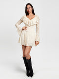Popilush® Deep V Ruffle Lace Long Sleeve Shaping Dress