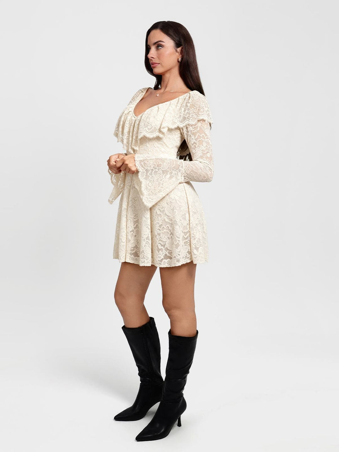 Popilush® Deep V Ruffle Lace Long Sleeve Shaping Dress