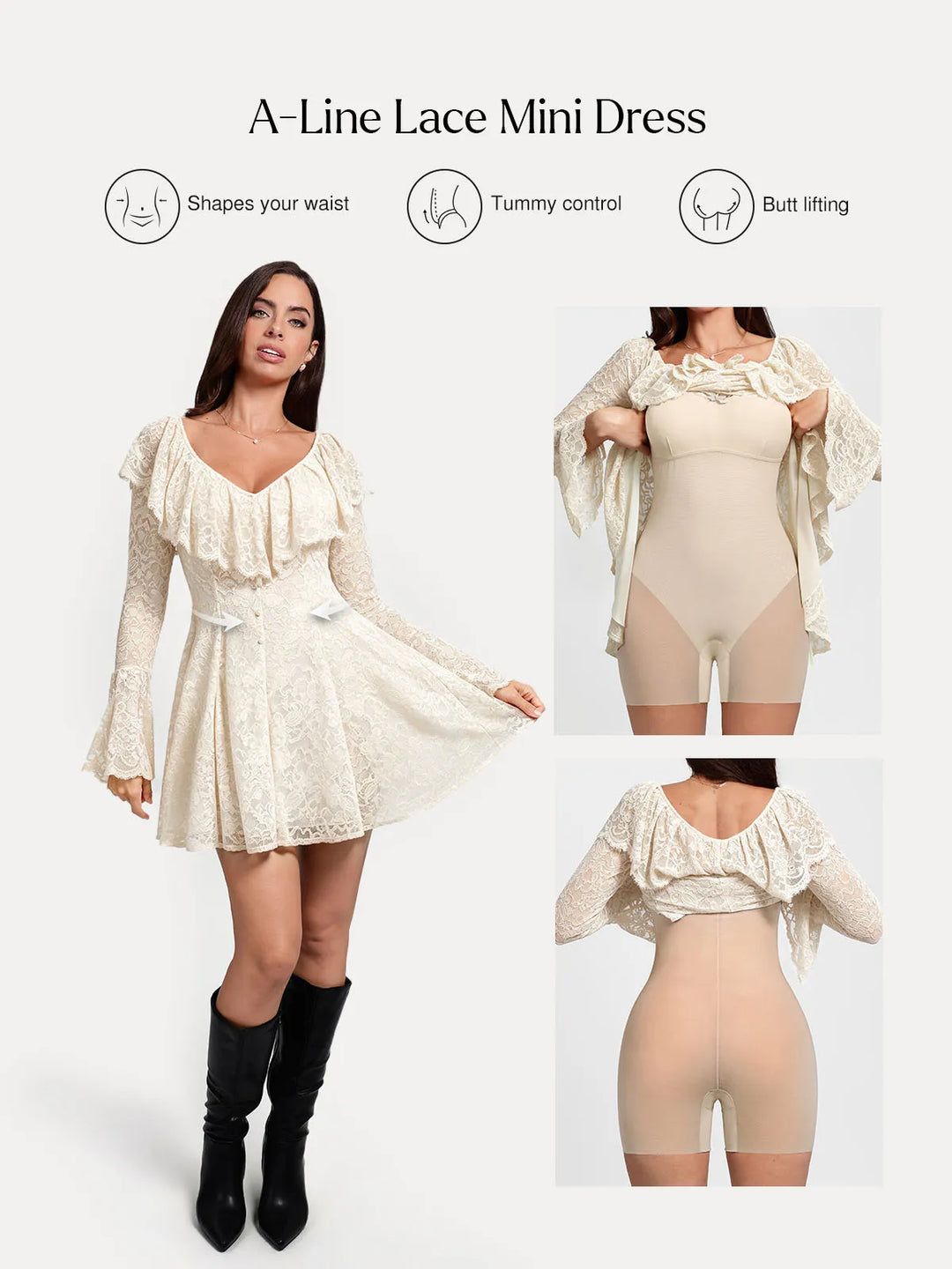 Popilush® Deep V Ruffle Lace Long Sleeve Shaping Dress