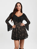 Popilush® Black / XS Deep V Ruffle Lace Long Sleeve Shaping Dress