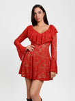 Popilush® Red / XS Deep V Ruffle Lace Long Sleeve Shaping Dress