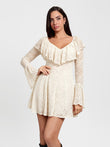 Popilush® White / XS Deep V Ruffle Lace Long Sleeve Shaping Dress