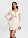 Popilush® White / XS Deep V Ruffle Lace Long Sleeve Shaping Dress