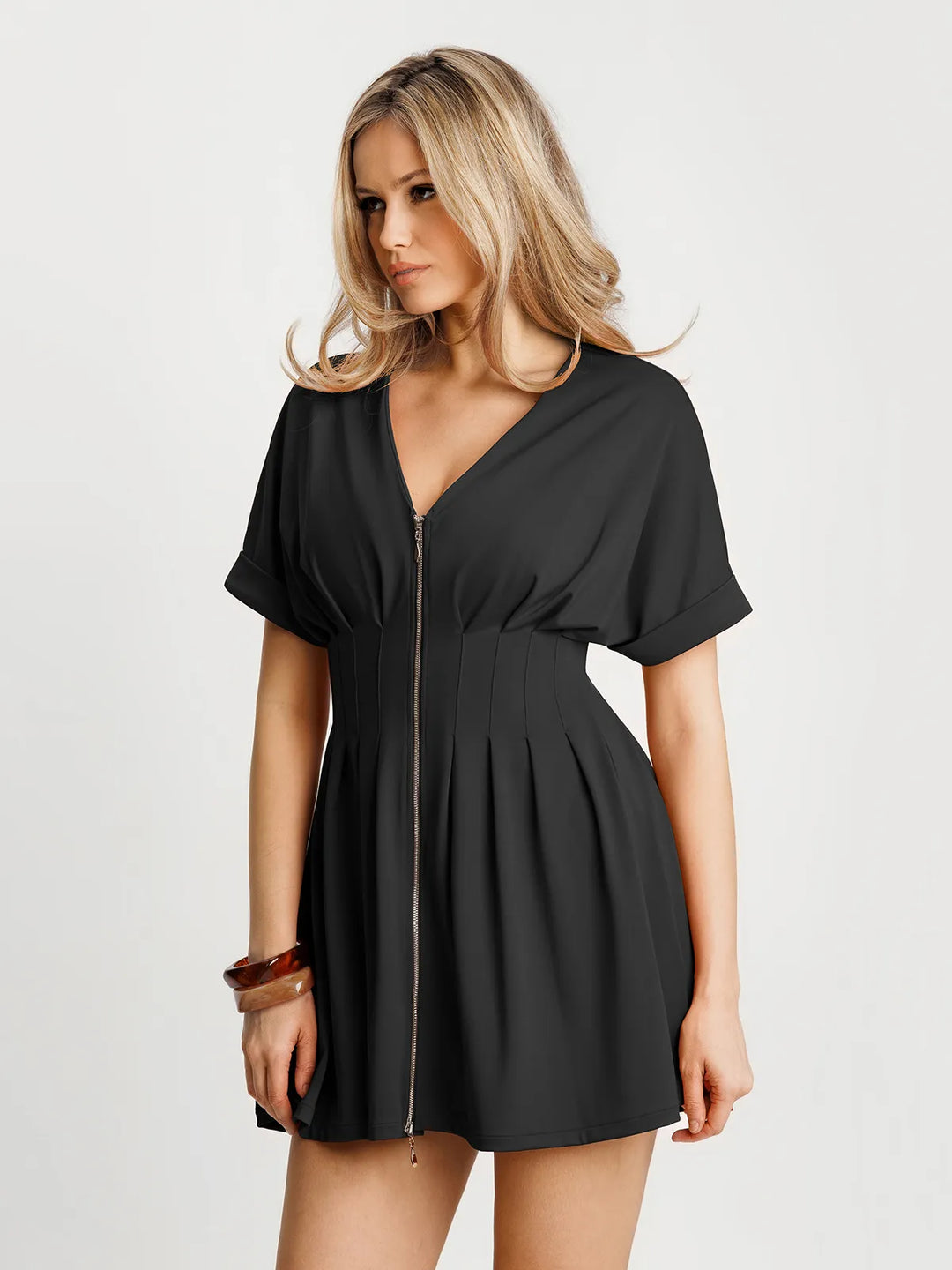 Popilush® Deep V Zip Front Two-Piece Sculpting Midi Dress