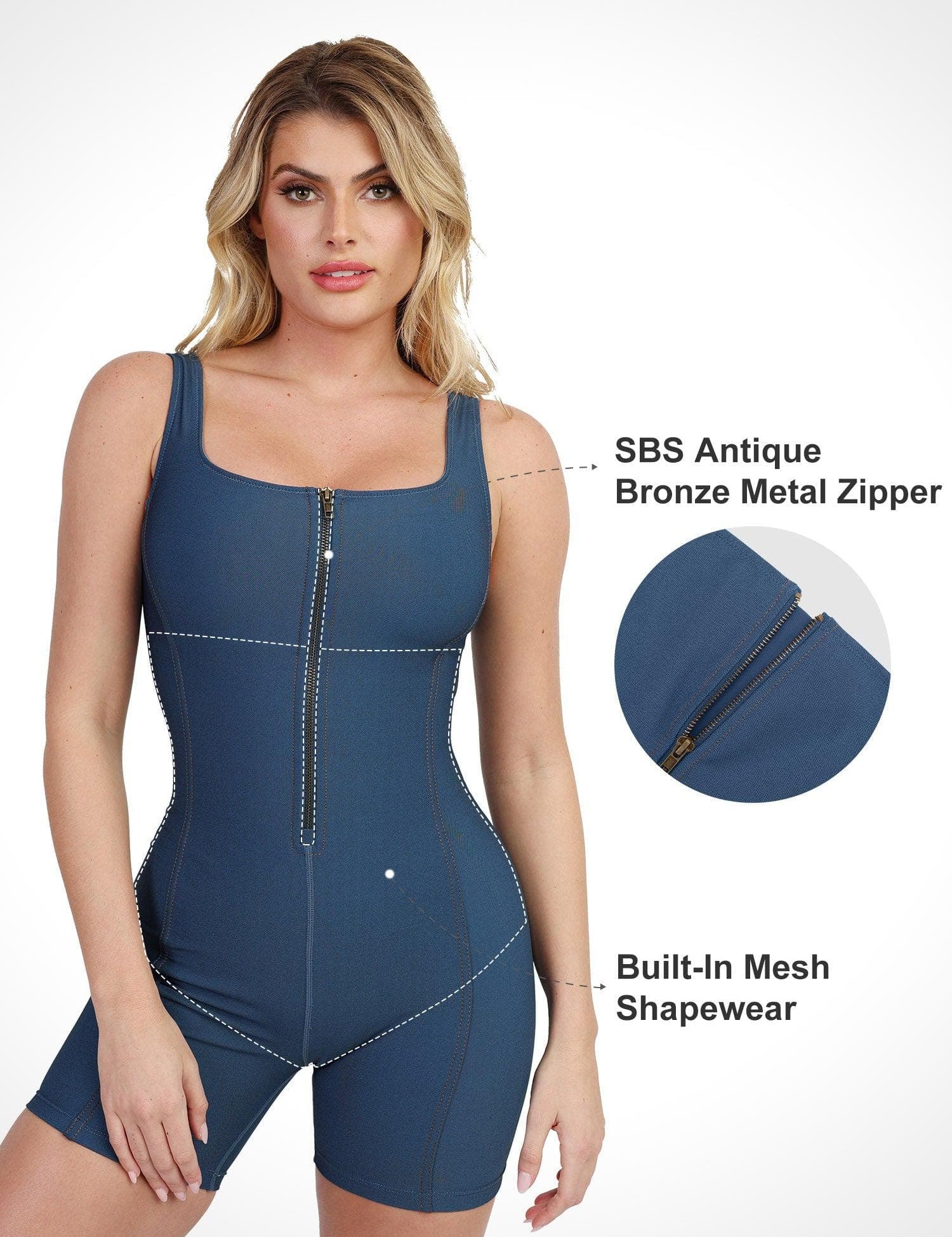 Popilush® Body Shaper Jumpsuit Tank Denim Denim One Piece Shapewear Romper