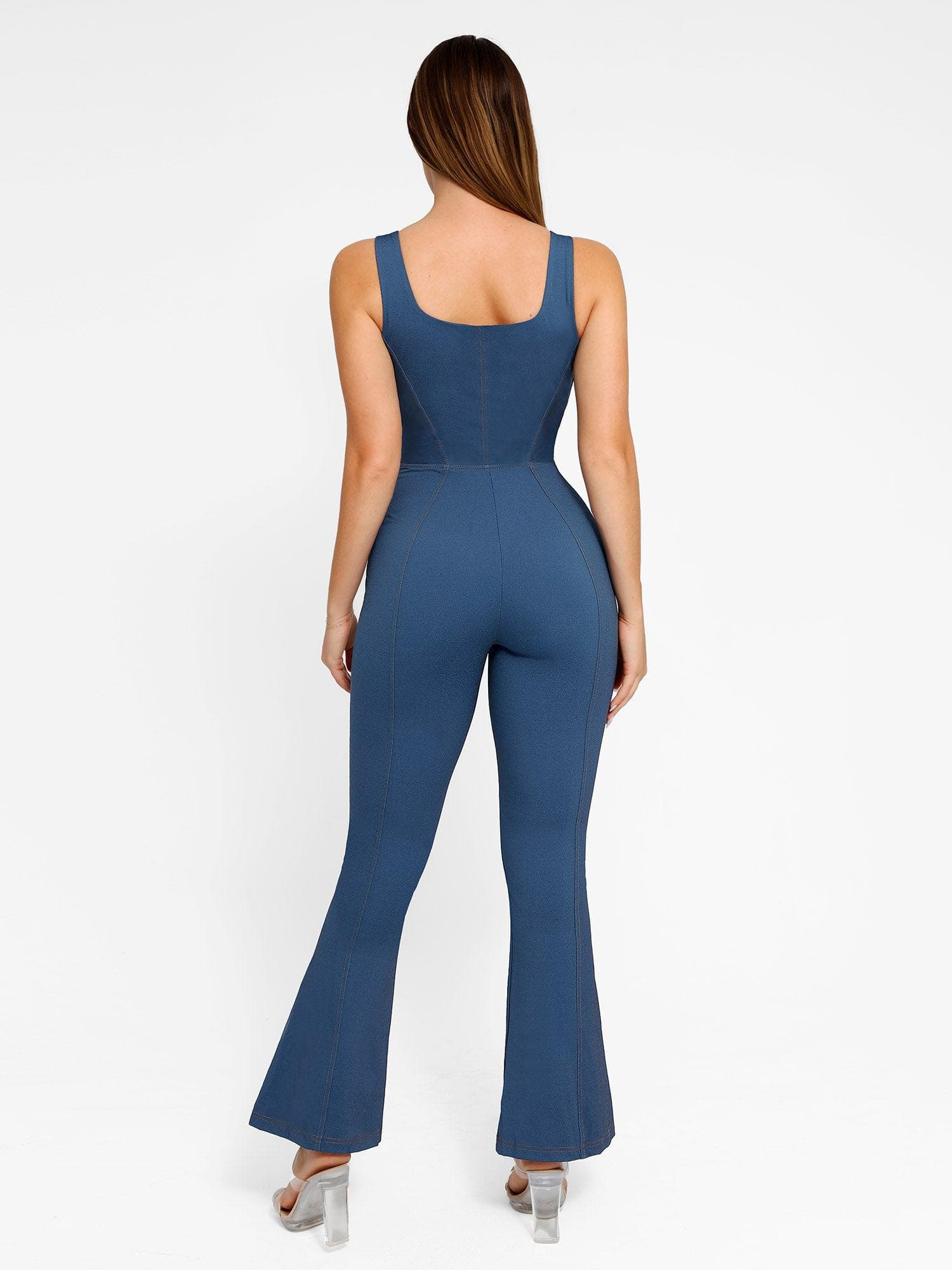 Shapewear Denim Square Neck Jumpsuit | Flare Leg - Popilush