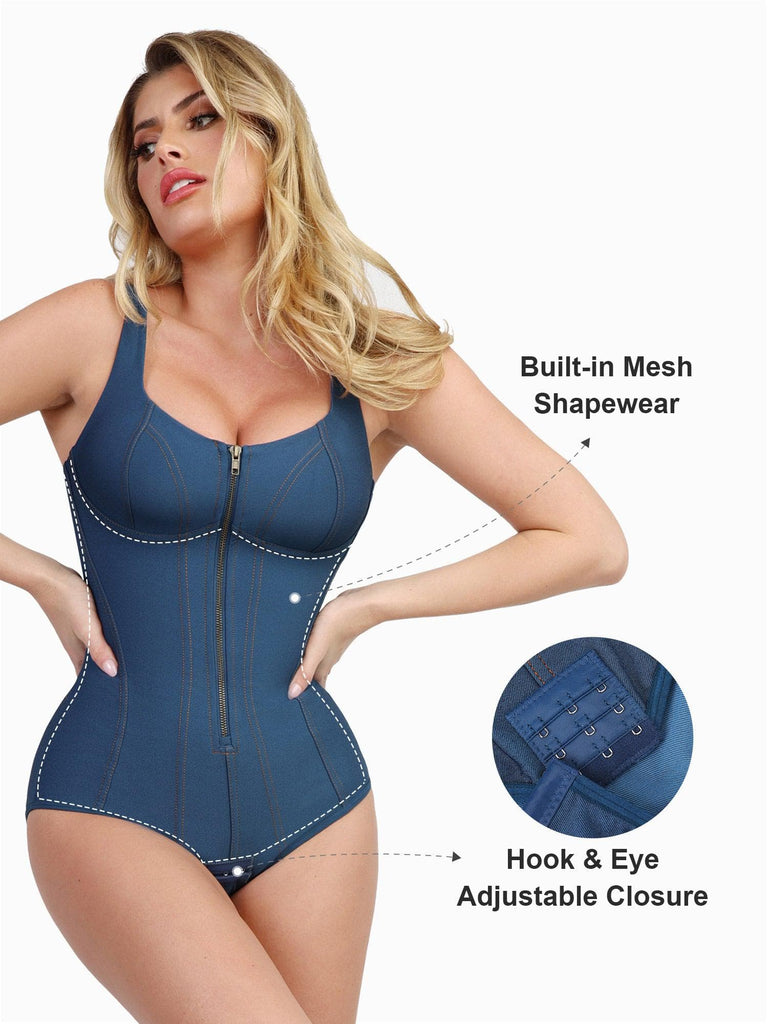 Popilush® Tops Body Shaper Jumpsuit Tank Denim Denim Tummy Control Bodysuit