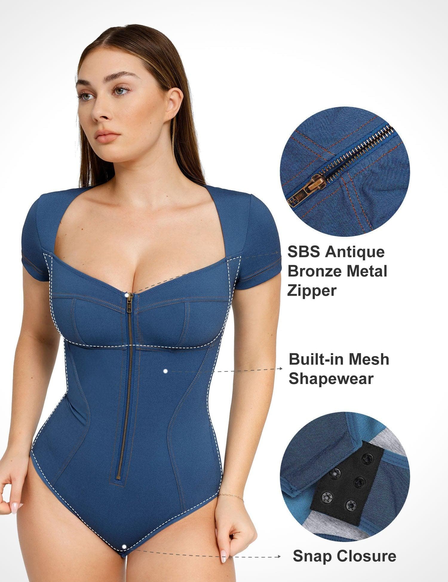Popilush® Denim Deep V-Neck Short Sleeve Bodysuit
