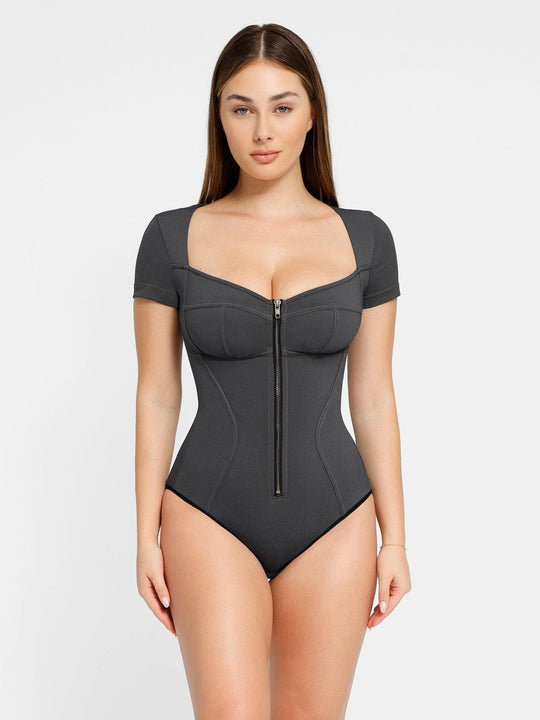 Gray Popilush® shapewear bodysuit, front zip closure for slimming