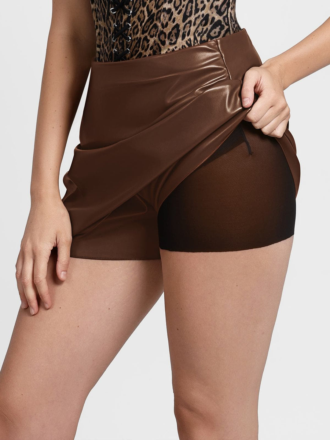 Popilush® （DRAFT）Shapewear Faux Leather High-Waisted Skort