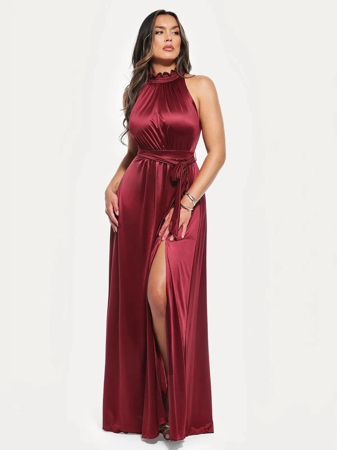 Popilush® Draped High Neck Sculpting Floral-print Maxi dress