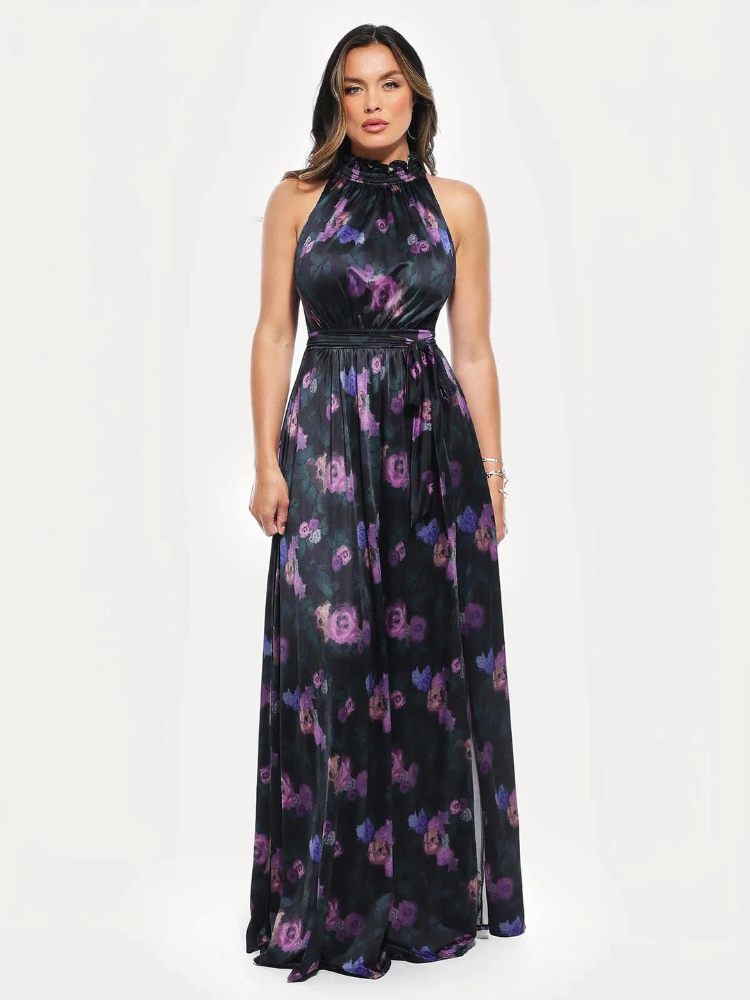 Popilush® Draped High Neck Sculpting Floral-print Maxi dress